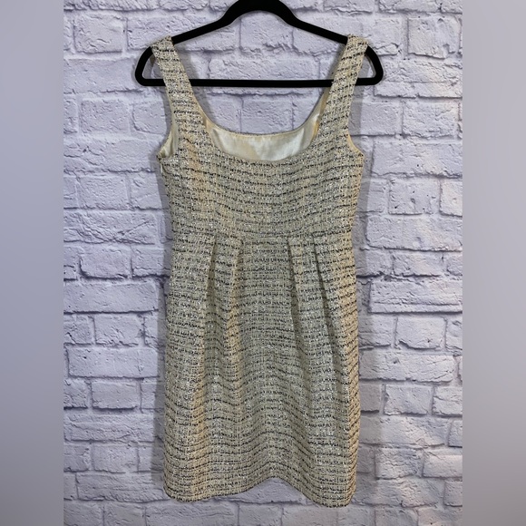 Milly New York Tweed Fit Flare Sheath Holiday Dress Cream/Gold Sleeveless Size 4 - Picture 7 of 11